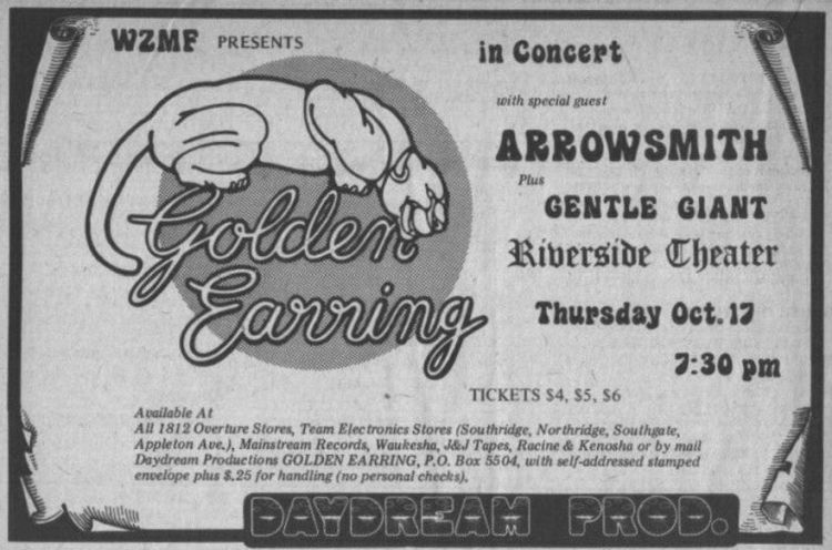 Golden Earring October 17 1974 Milwaukee - Riverside Theatre show announcement